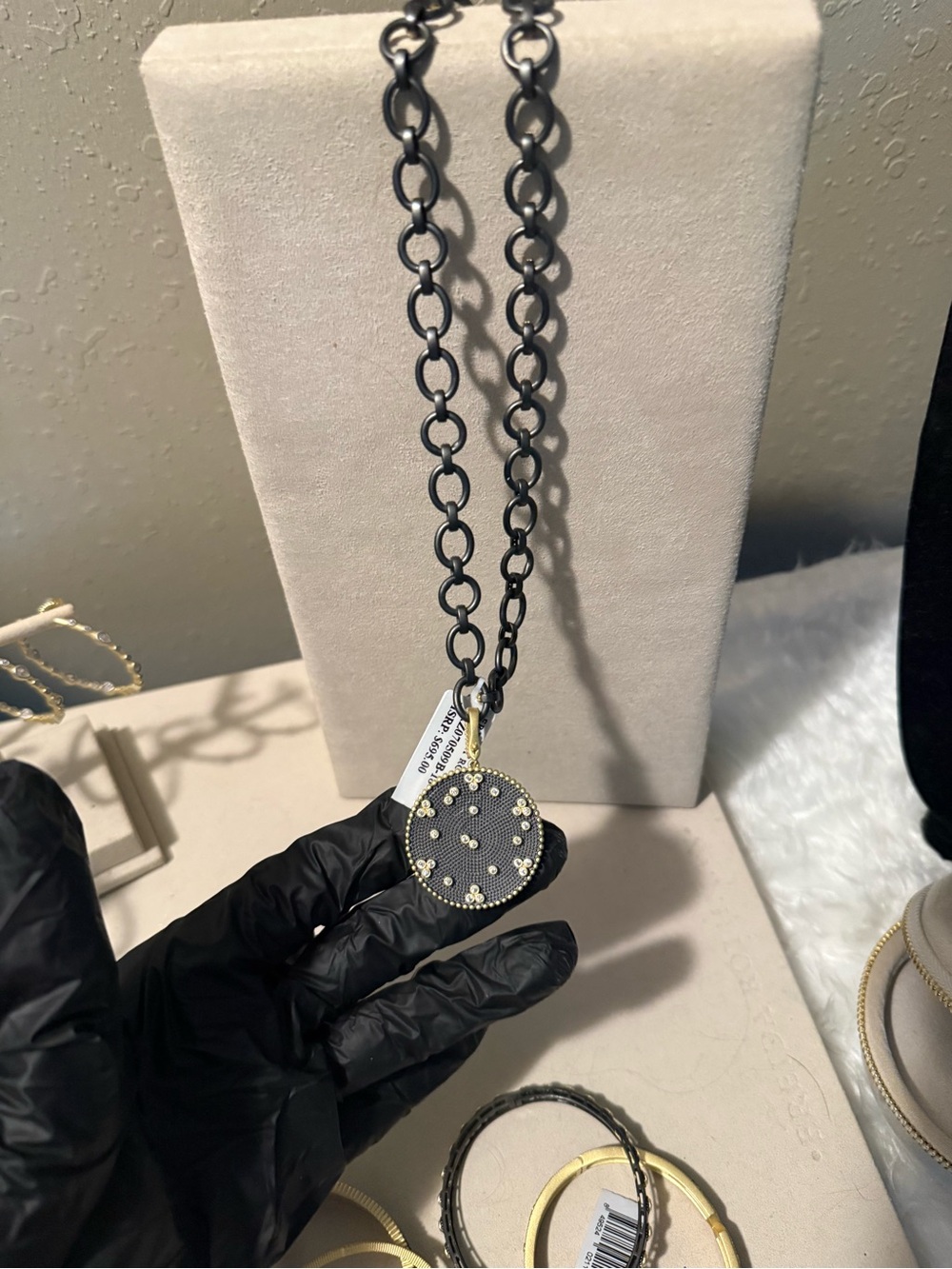 Black Chain Necklace with Gold-Edged Round Pendant